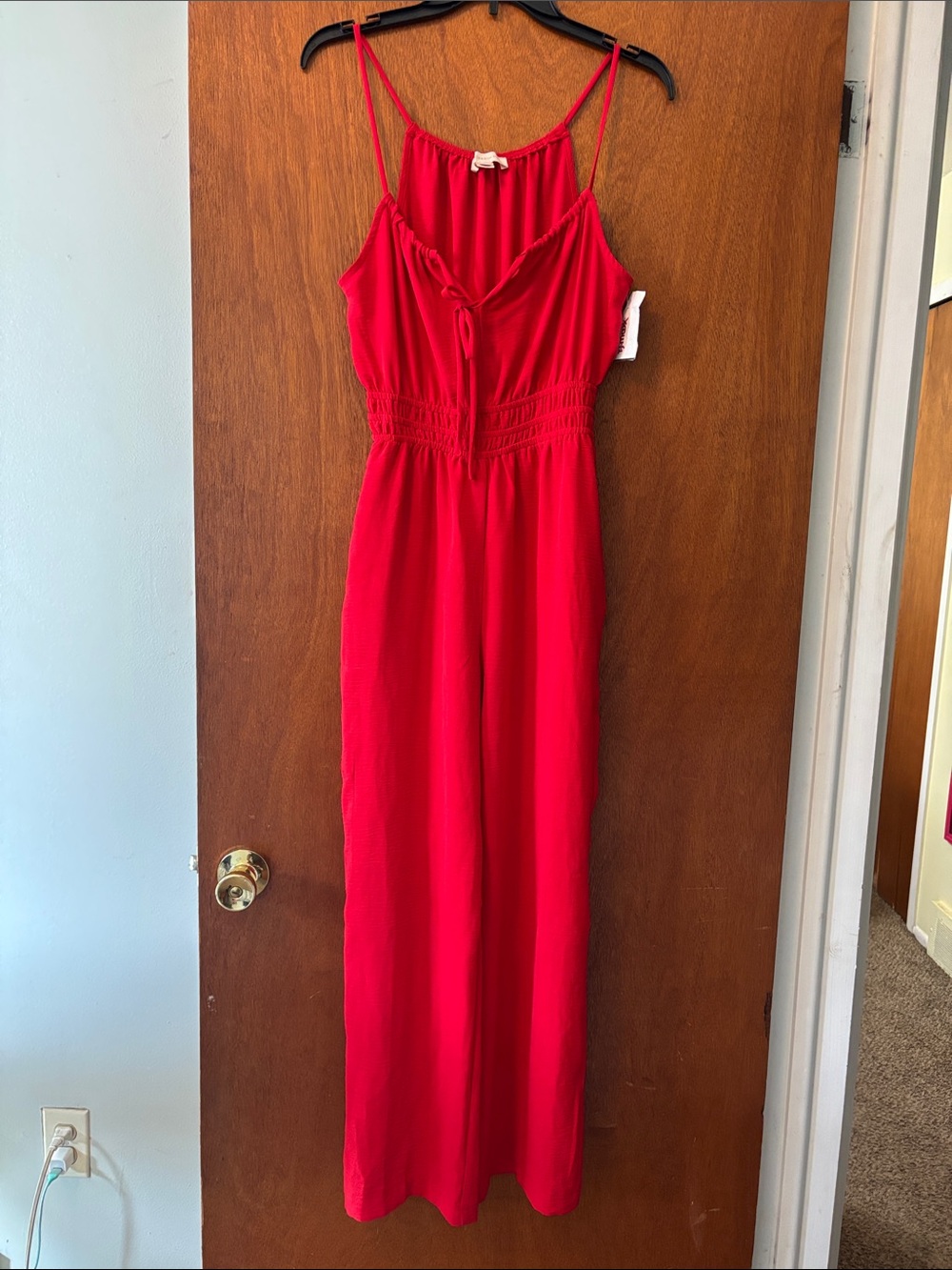 Red Sleeveless Jumpsuit with Smocked Waist